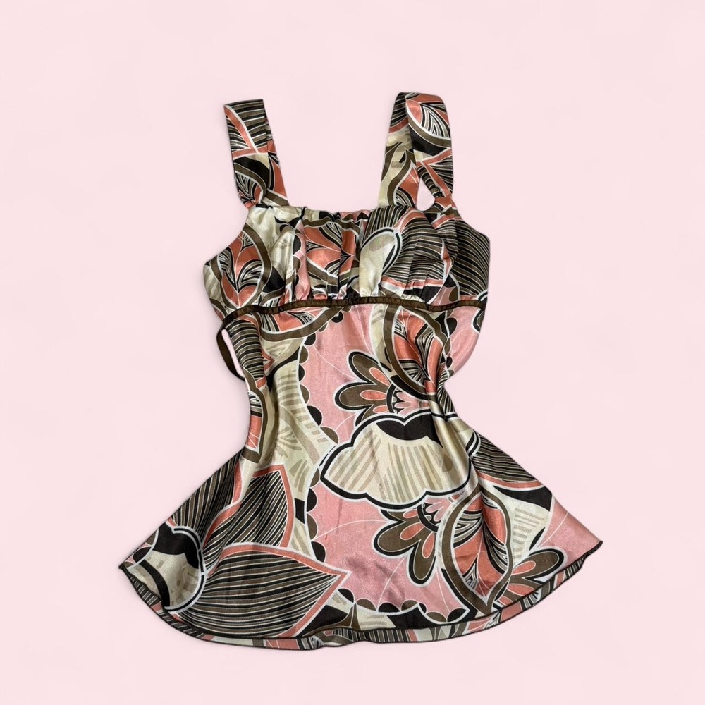 Vintage y2k BCX pink & brown boho patterned satin babydoll tie back tank